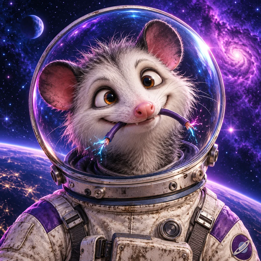 A mischievous silver-gray opossum in a space helmet chewing a glowing navigation cable, surrounded by a purple-blue galaxy.